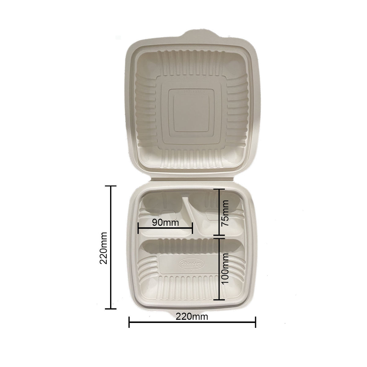 3 Compartment 600ml Cornstarch Clamshell Box